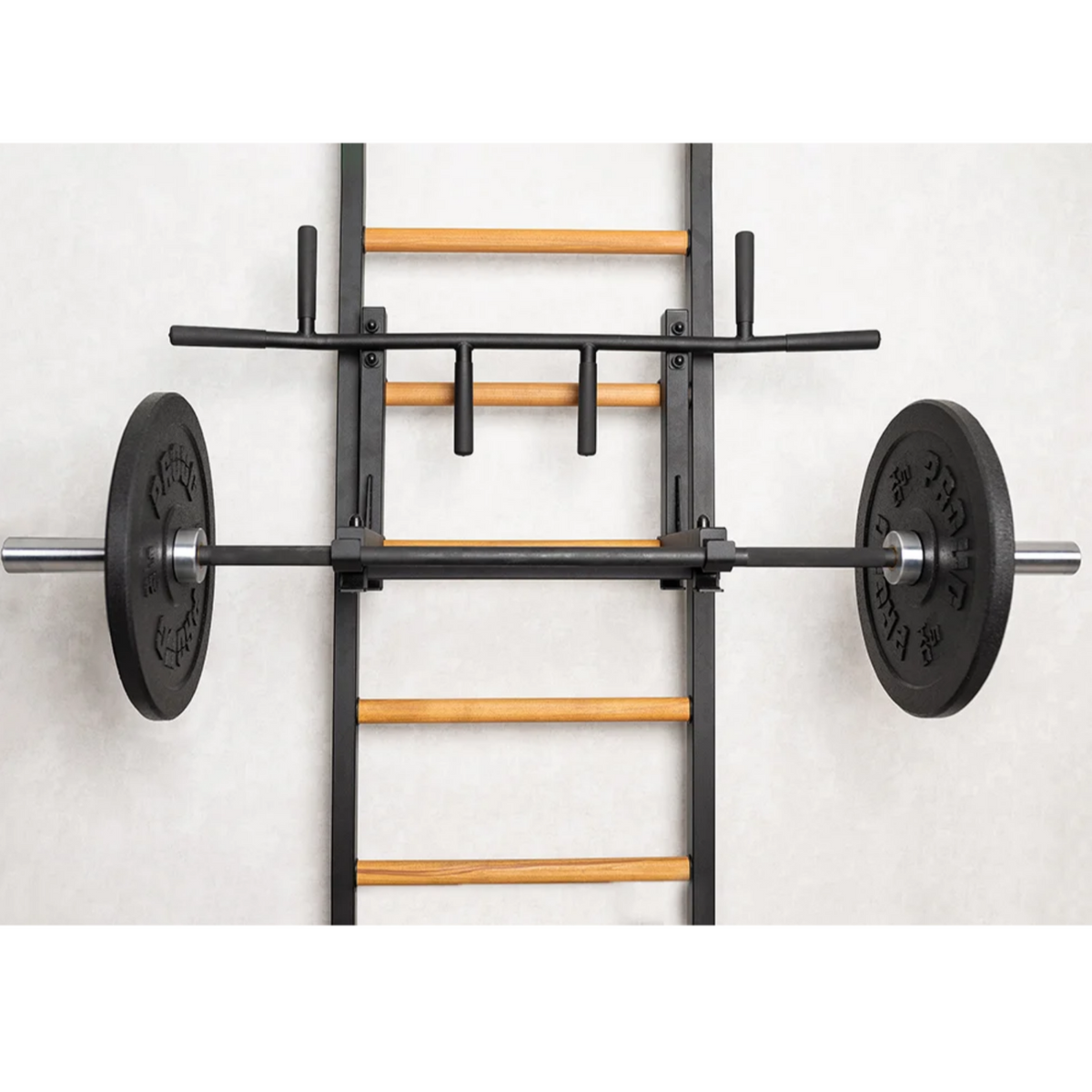 Pull-up bar of BenchK 732 Wall Bars and Gymnastic Ladders black version holding a barbell.