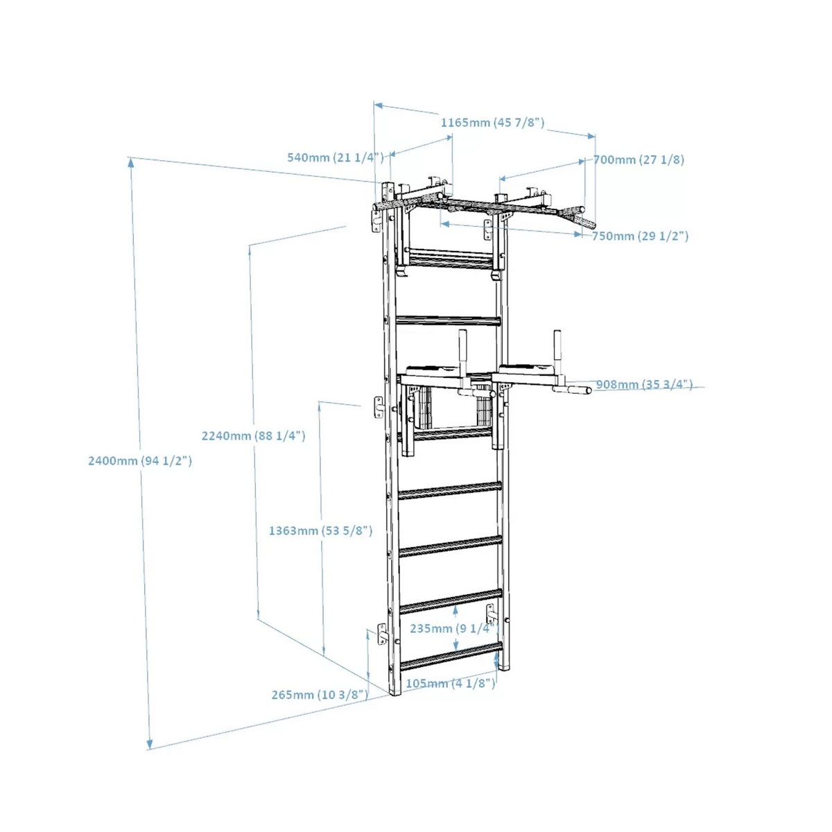 Dimensions of BenchK 732 Wall Bars and Gymnastic Ladders black version.