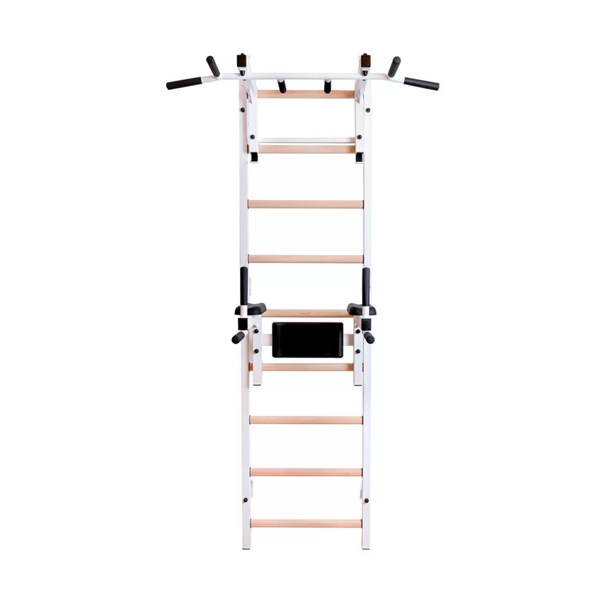 Front view of BenchK 732 Wall Bars and Gymnastic Ladders white version with pull-up bar and dip bar with back support and armrest.