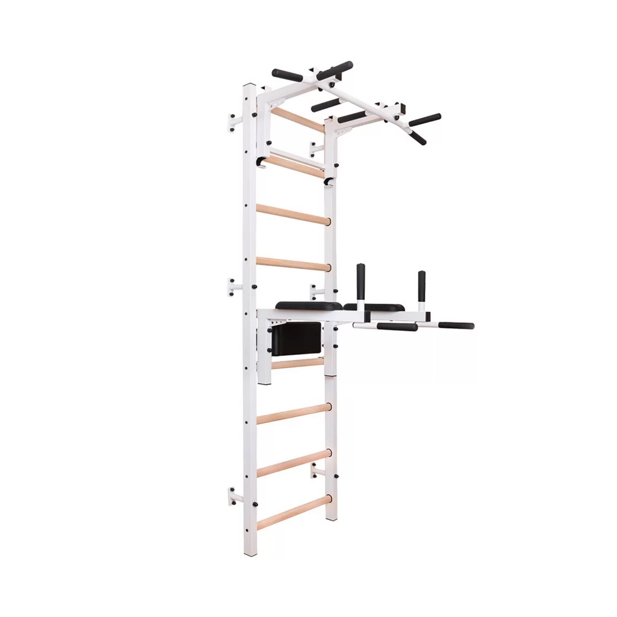 Main view of BenchK 732 Wall Bars and Gymnastic Ladders white version with pull-up bar and dip bar with back support and armrest.