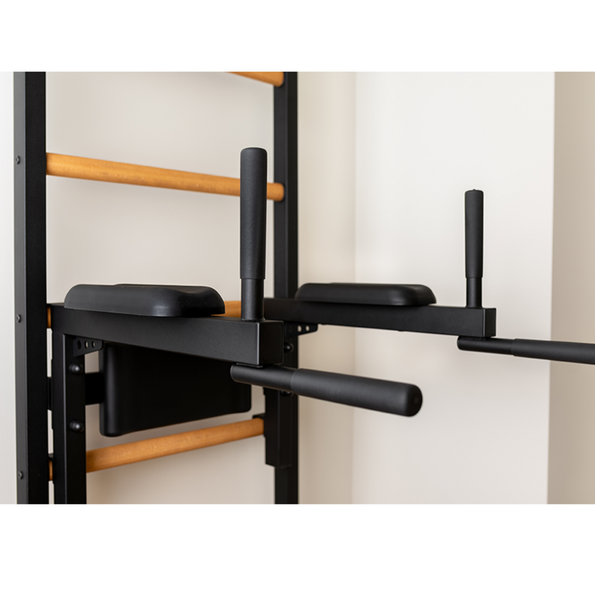 Dip bar with back support and armrest of BenchK 733 Wall Bars and Gymnastic Ladders black version.