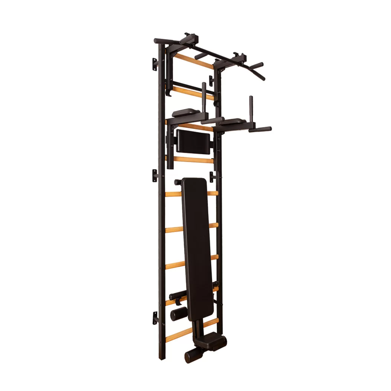 Main view of BenchK 733 Wall Bars and Gymnastic Ladders black version with pull-up bar, dip bar and workout bench.