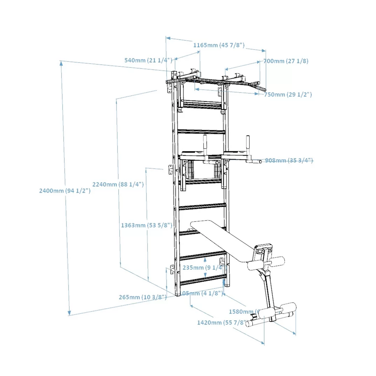 Dimensions of BenchK 733 Wall Bars and Gymnastic Ladders black version.