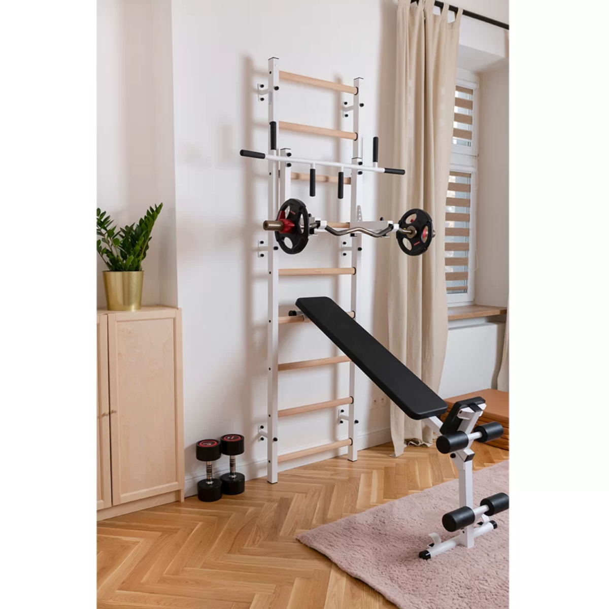 BenchK 733 Wall Bars and Gymnastic Ladders white version installed in a home gym.