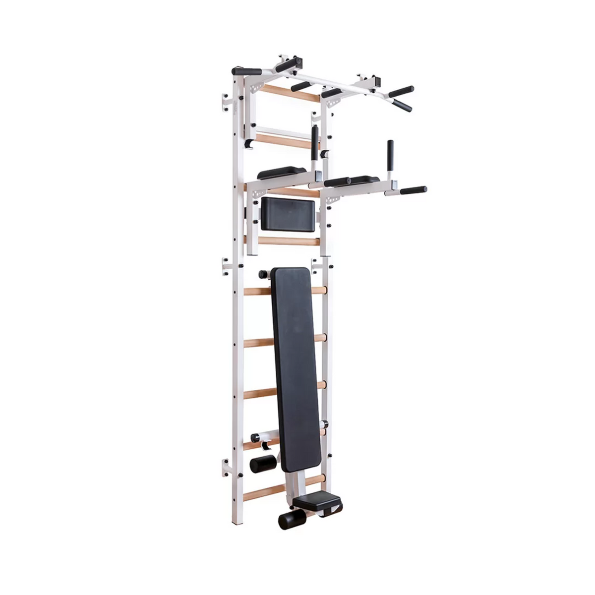 Main view of BenchK 733 Wall Bars and Gymnastic Ladders white version with pull-up bar, dip bar and workout bench.