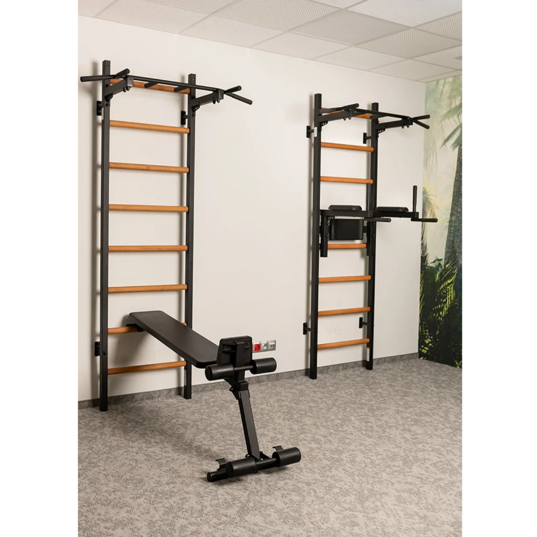 Set of two wall bars with a BenchK B1 Workout Bench black version.