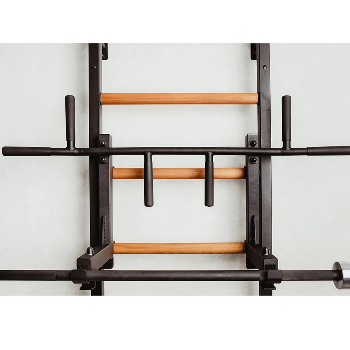 Front view of BenchK PB3 Steel Pull-Up Bar with barbell holder black version.