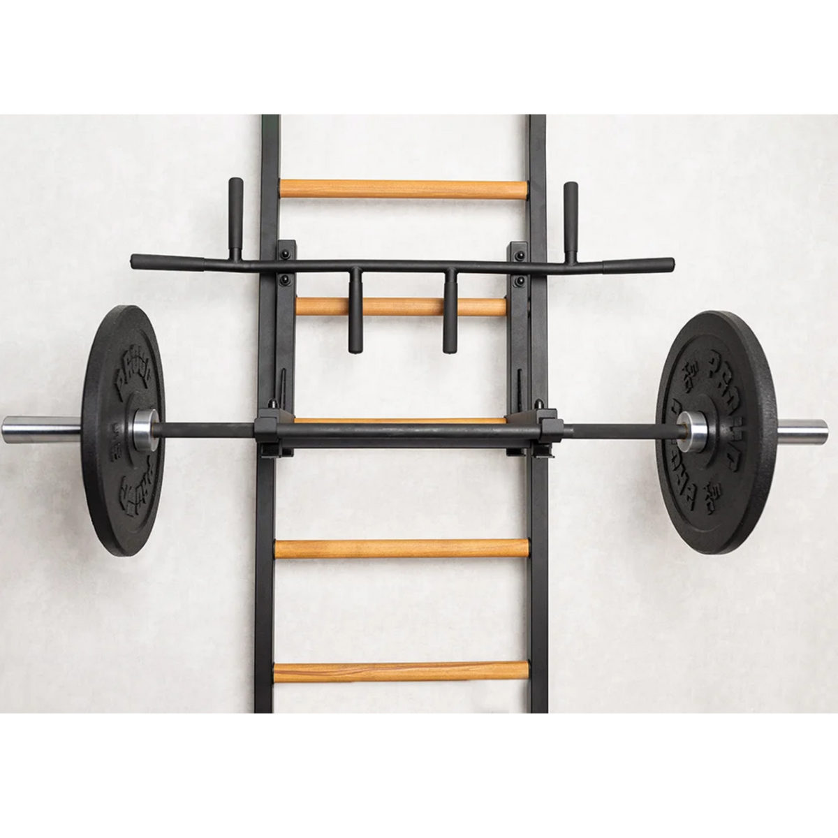 BenchK PB3 Steel Pull-Up Bar with barbell holder black version with barbell.