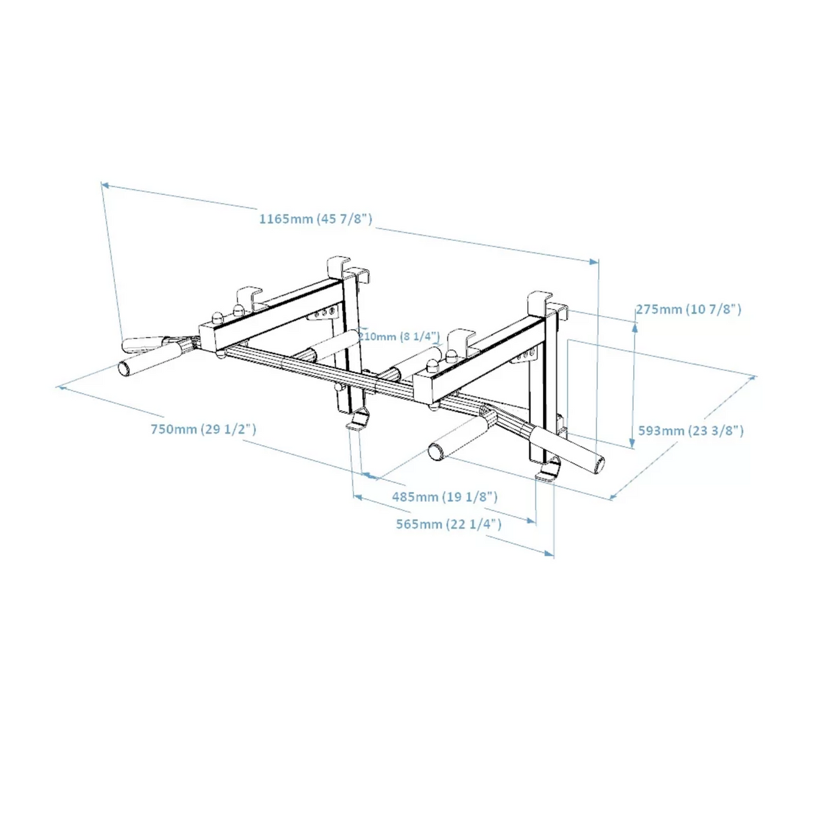 Dimensions of BenchK PB3 Steel Pull-Up Bar with barbell holder.