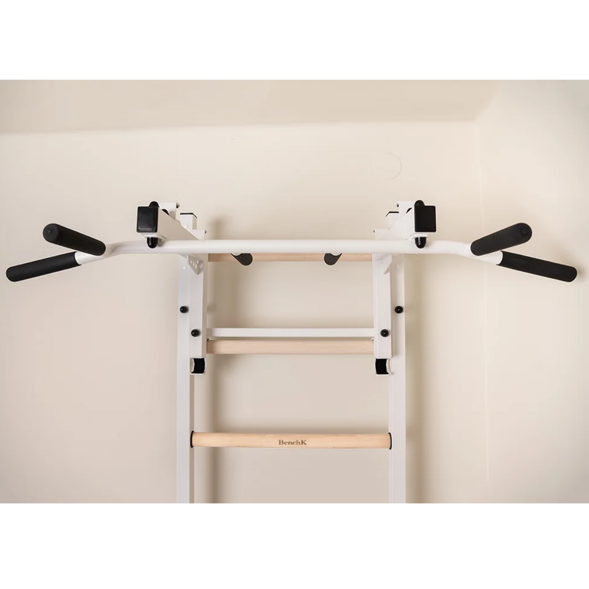 Front view of BenchK PB3 Steel Pull-Up Bar with barbell holder white version.