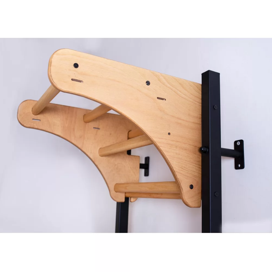 Side view of BenchK Wooden Pull-Up Bar oak version.