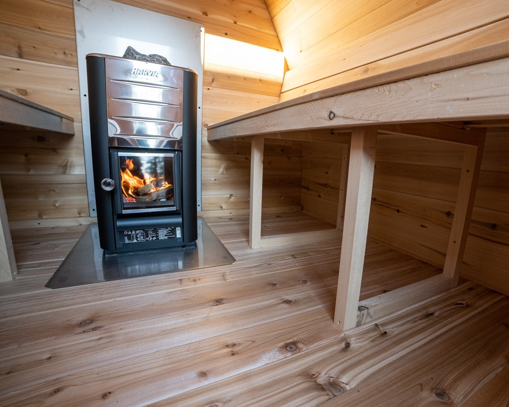 View of the interior details of MiniPOD Outdoor Sauna.