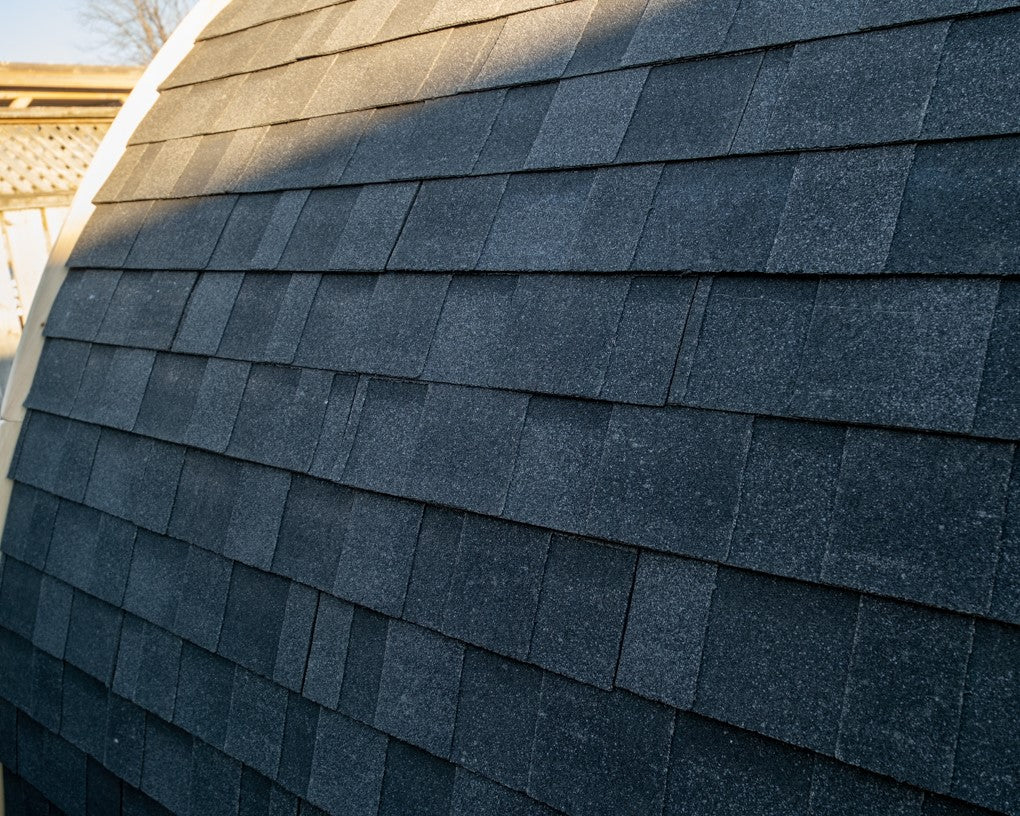 Close-up view of the asphalt roof of MiniPOD Outdoor Sauna.