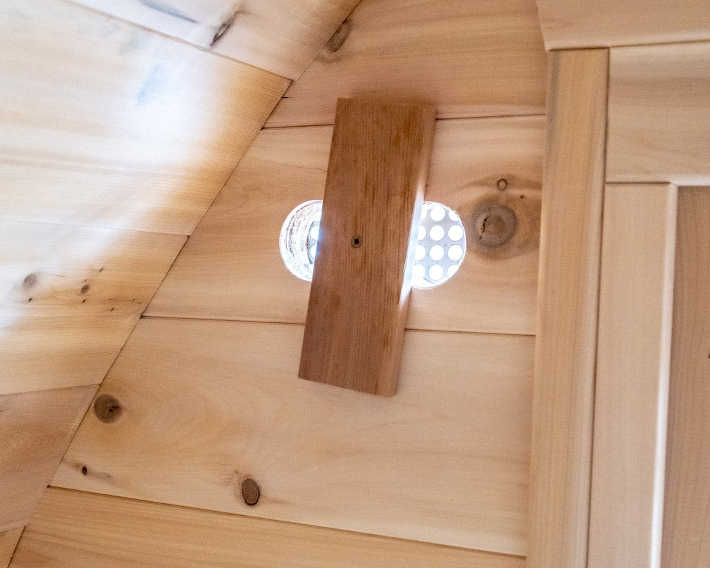 Close-up view of interior details of MiniPOD Outdoor Sauna.