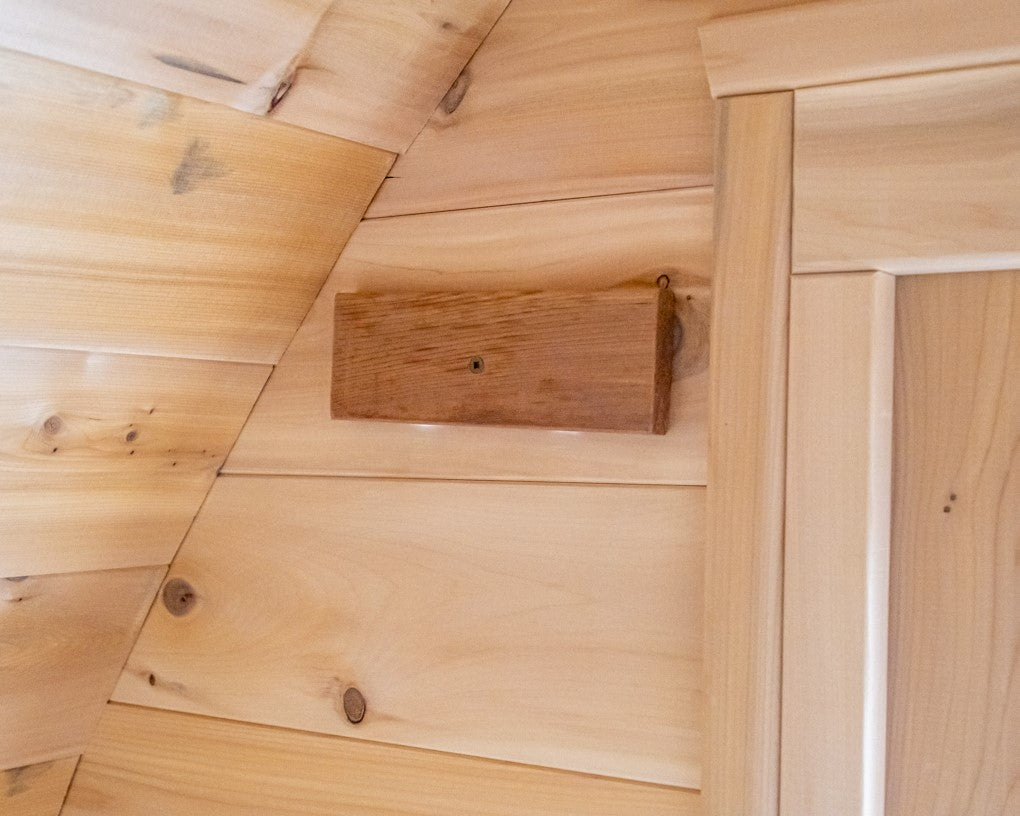 Close-up view of interior details of MiniPOD Outdoor Sauna.