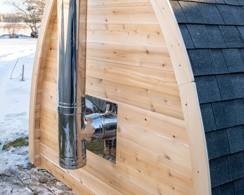 Close-up view of the chimney of MiniPOD Outdoor Sauna.