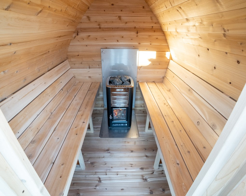 Interior view of MiniPOD Outdoor Sauna, showing its compact but practical design.