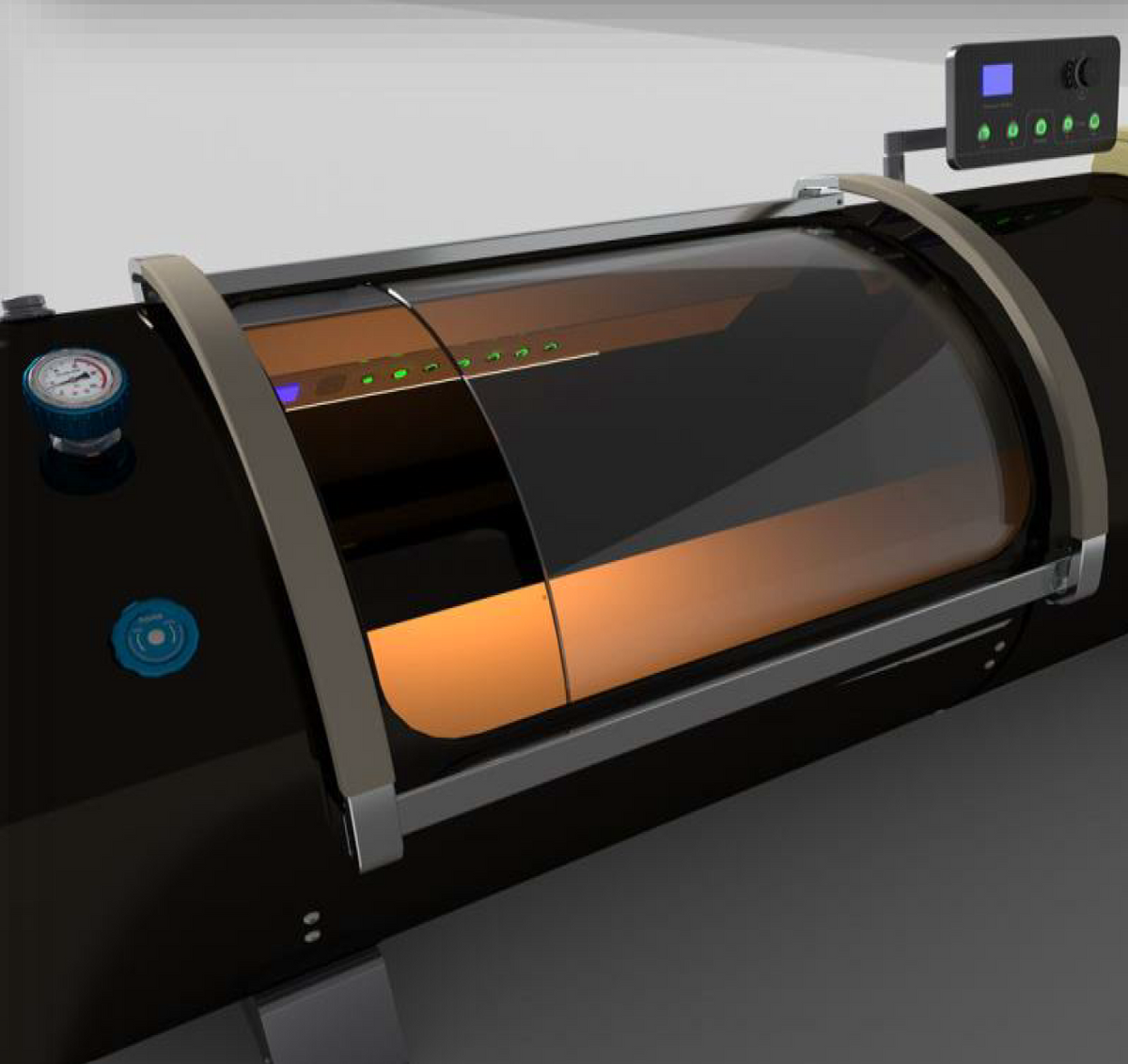 Close-up view of the window of OxyRevo Quest 36 1.5 ATA Hyperbaric Chamber.