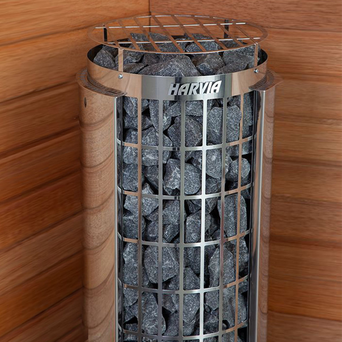 Close-up view of Harvia Cilindro Electric Sauna Heater, emphasizing stone compartment.