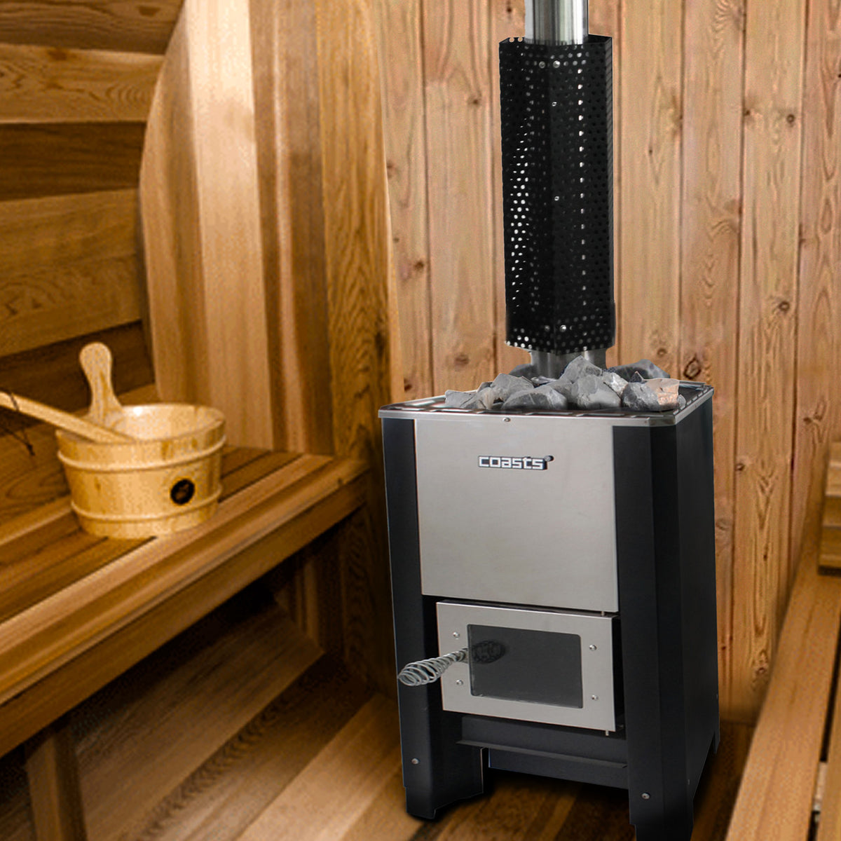 Coasts Wood Burning Sauna Stove and Chimney Kit 16 x 18 x 27 in installed inside a sauna.