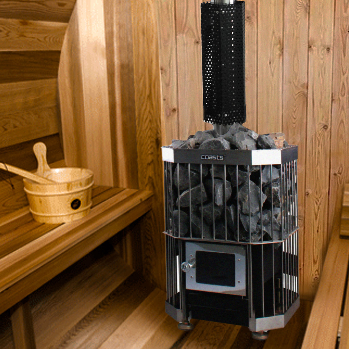 Coasts Wood Burning Sauna Stove and Chimney Kit 19 x 19 x 26 in installed inside a sauna.