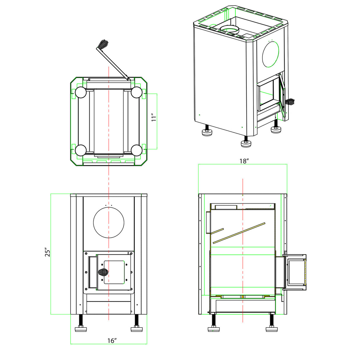 Stove dimensions of Coasts Wood Burning Sauna Stove and Chimney Kit 16 x 18 x 27 in.