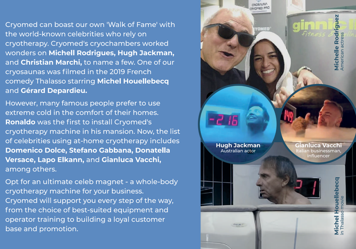 Celebrities using Cryomed Basic Cryosauna, featuring testimonials and endorsements.