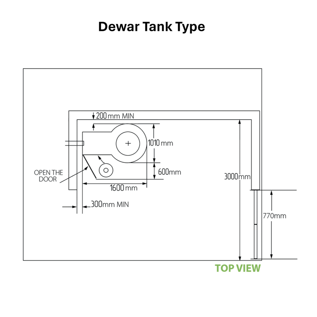 Top view dimensions of Cryomed Basic Cryosauna with dewar nitrogen tank, detailing space layout and requirements.