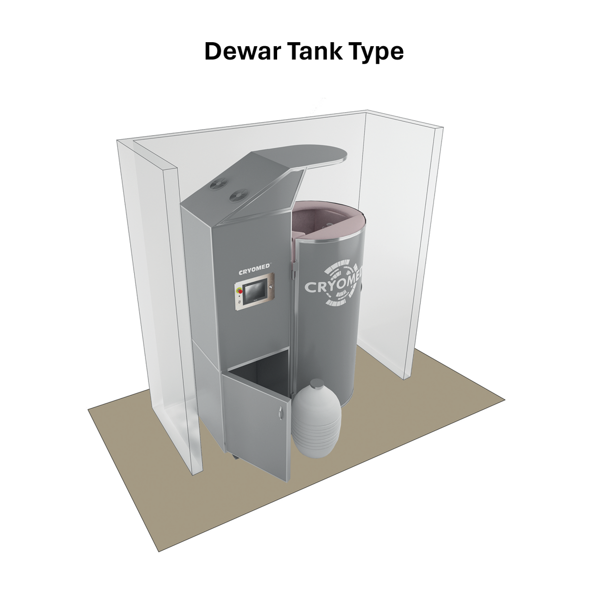 Cryomed Basic Cryosauna with dewar nitrogen tank, illustrating tank setup.