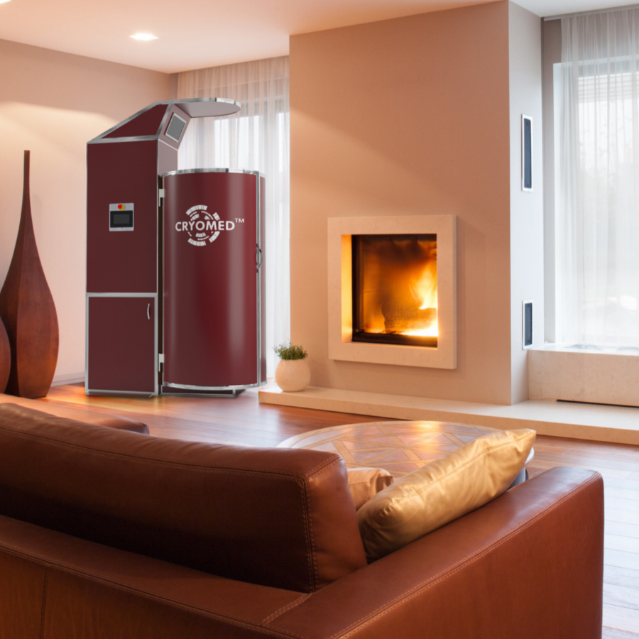 Cryomed Basic Cryosauna installed in a living room.