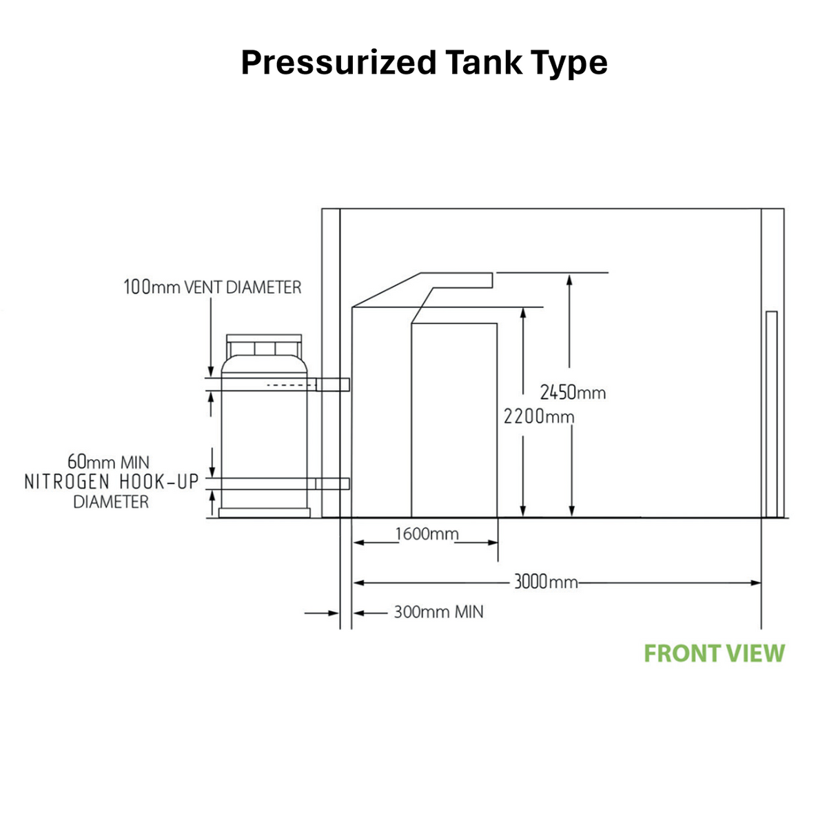 Front view dimensions of Cryomed Basic Cryosauna with pressurized nitrogen tank, including measurements.