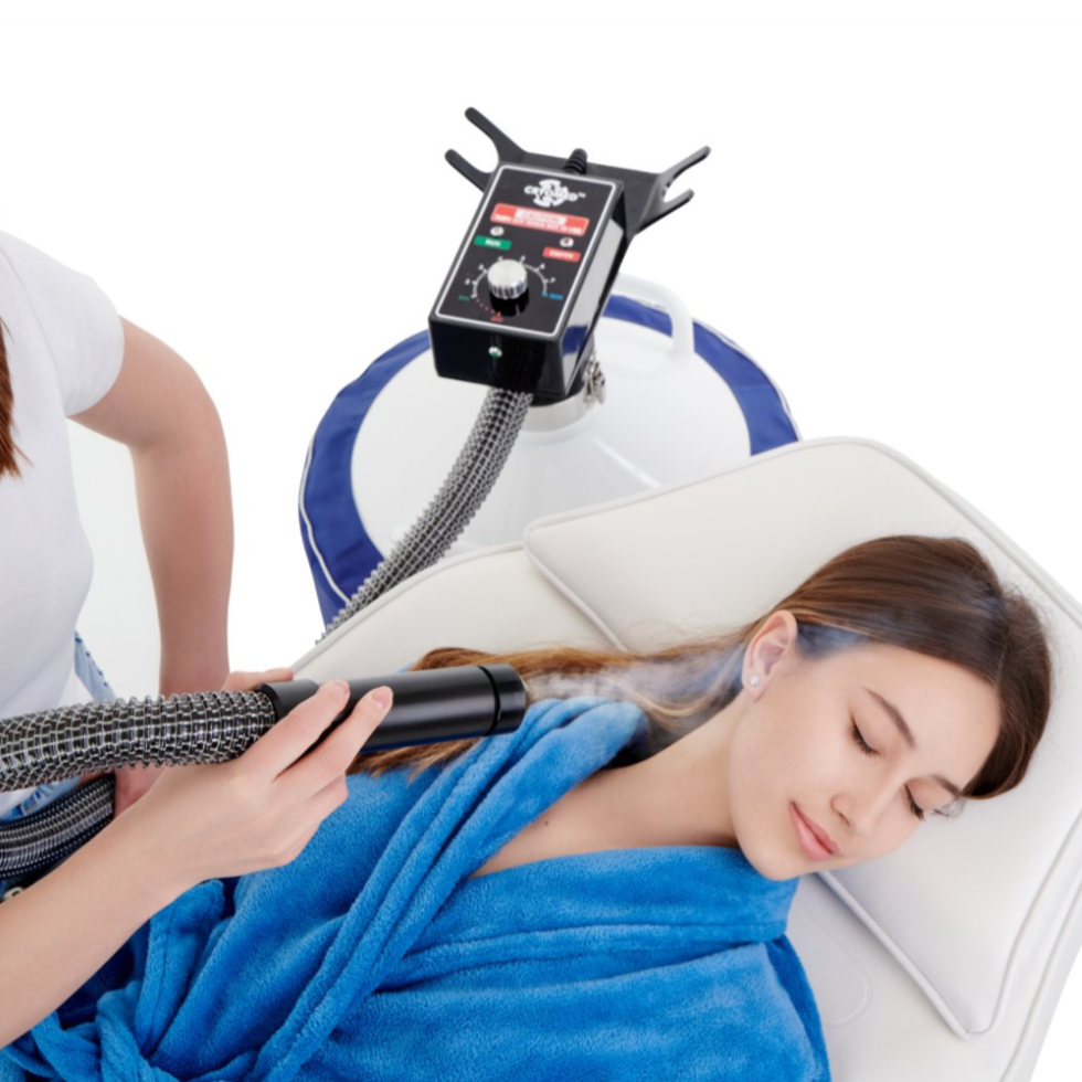 A woman receiving a cryofacial session with Cryomed CF-04 Cryofan.