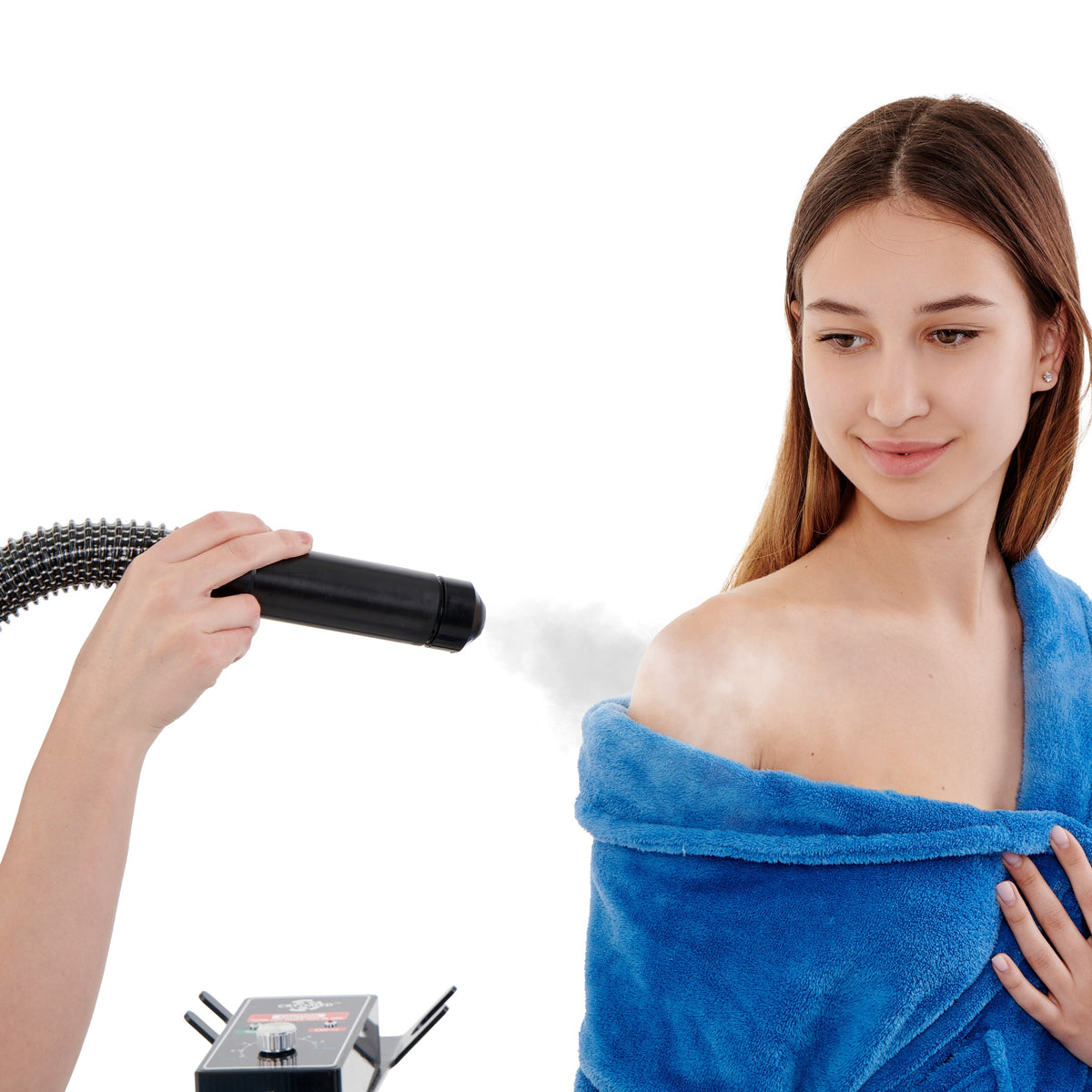 A woman receiving a local cryotherapy treatment with Cryomed CF-04 Cryofan.