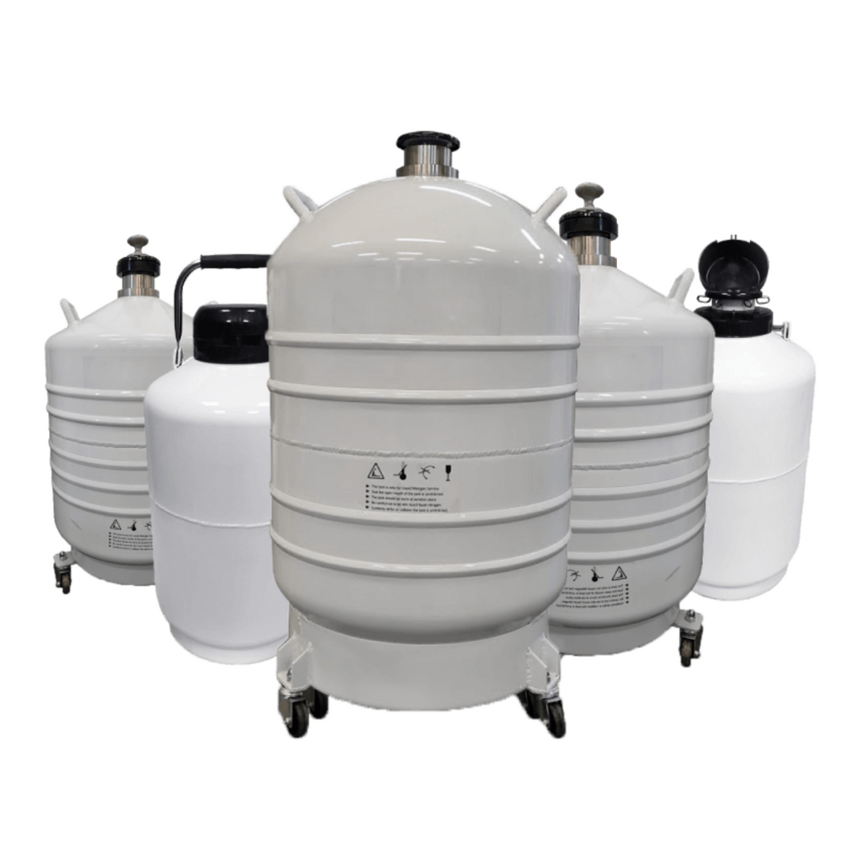 Various sizes available for the Cryomed Non-Pressurized Dewar Nitrogen Tank. Available in 50 liters, 35 liters and 10 liters capacity.