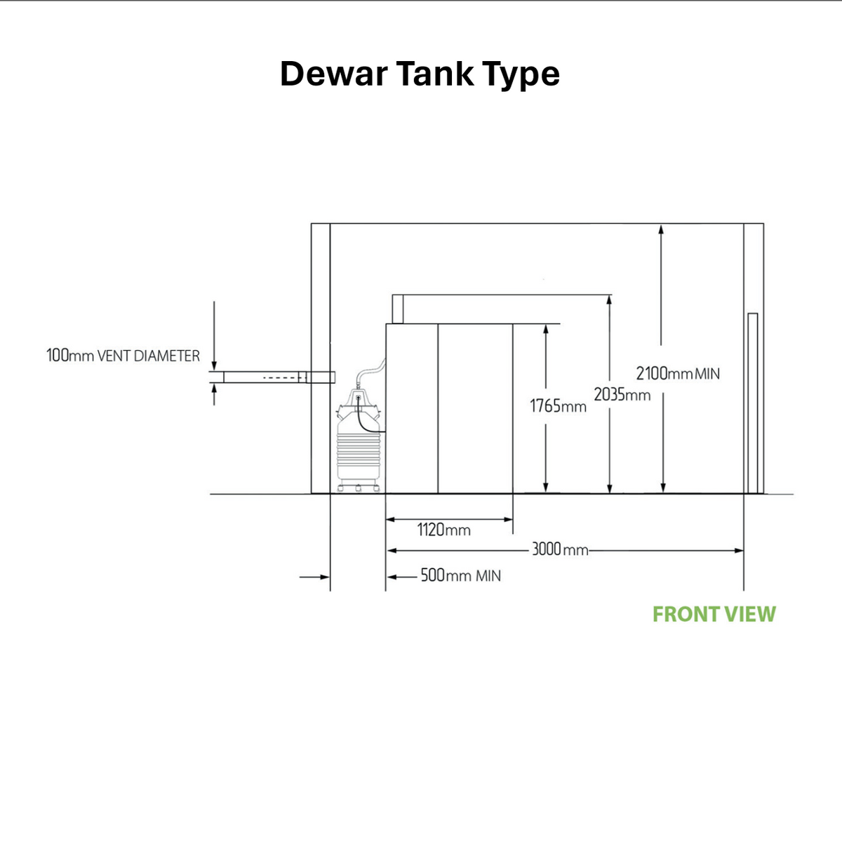 Front view dimensions of Cryomed Mini Cryosauna with dewar nitrogen tank, including specific measurements.