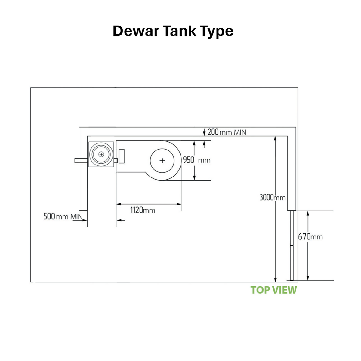 Top view dimensions of Cryomed Mini Cryosauna with dewar nitrogen tank, detailing space layout and requirements. 