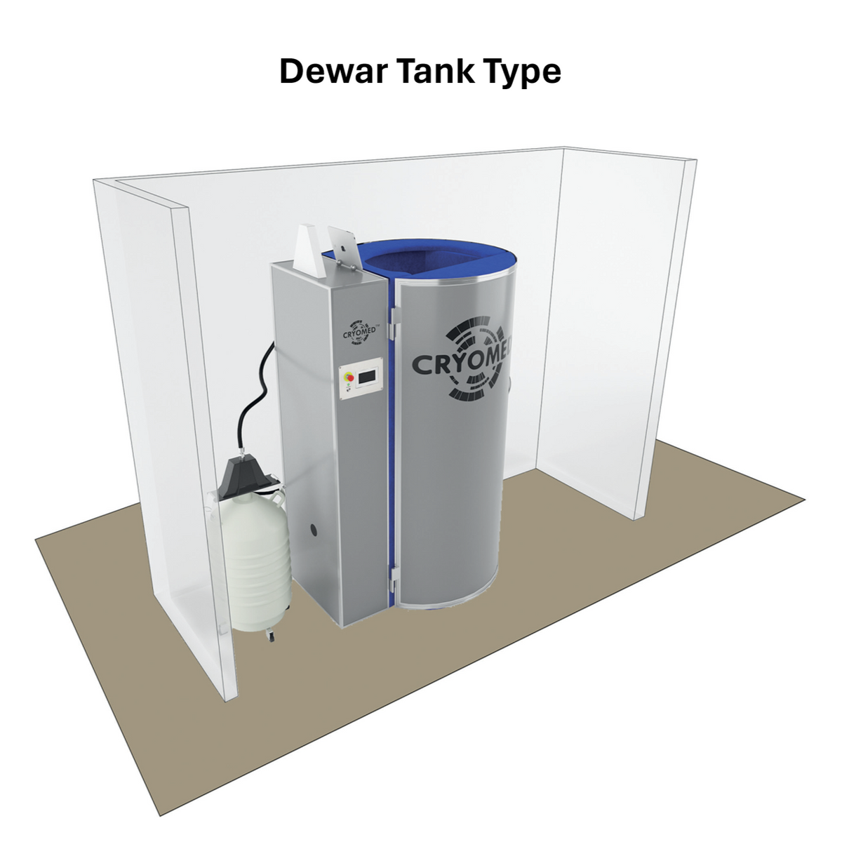 Cryomed Mini Cryosauna with dewar nitrogen tank, illustrating tank setup.