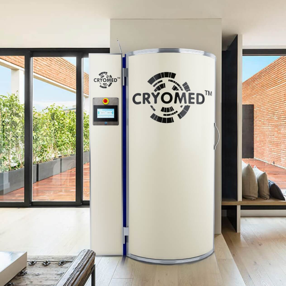 Cryomed Mini Cryosauna white shell version installed in a living room.