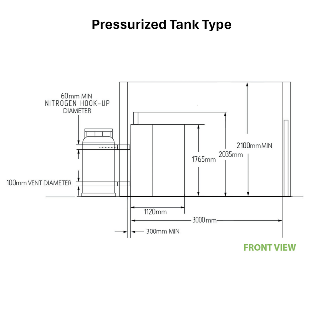 Front view dimensions of Cryomed Mini Cryosauna with pressurized nitrogen tank, including measurements.