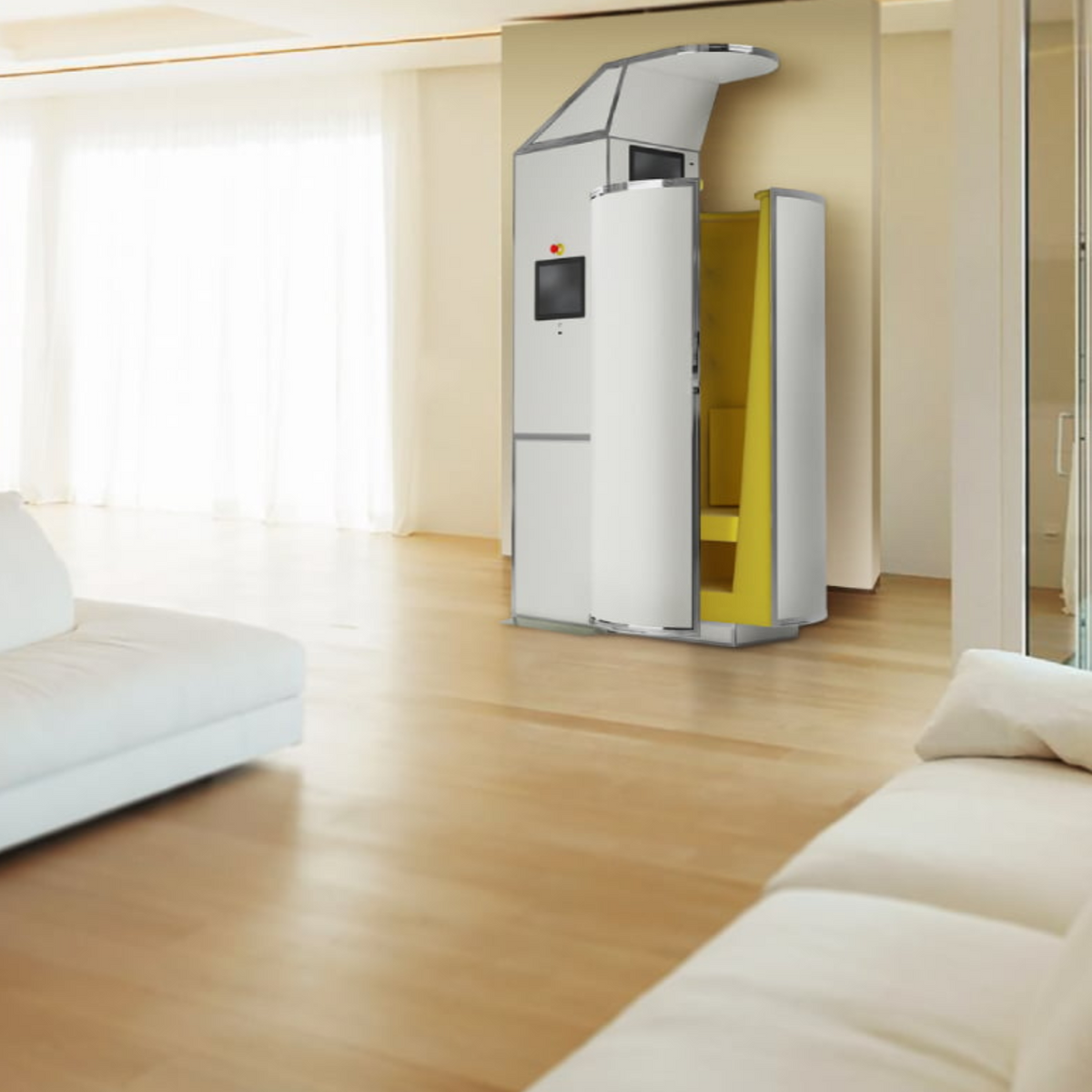 A Cryomed Pro Cryosauna with a white exterior shell and a yellow interior installed in a living room.