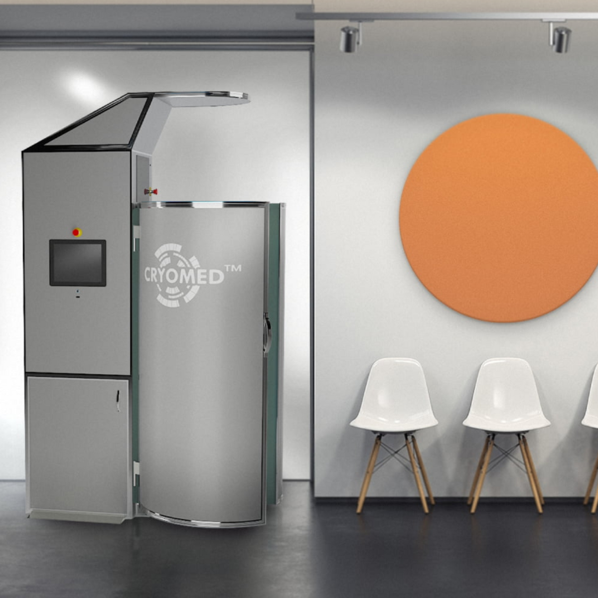 A Cryomed Pro Cryosauna with a grey exterior shell installed in a wellness center.