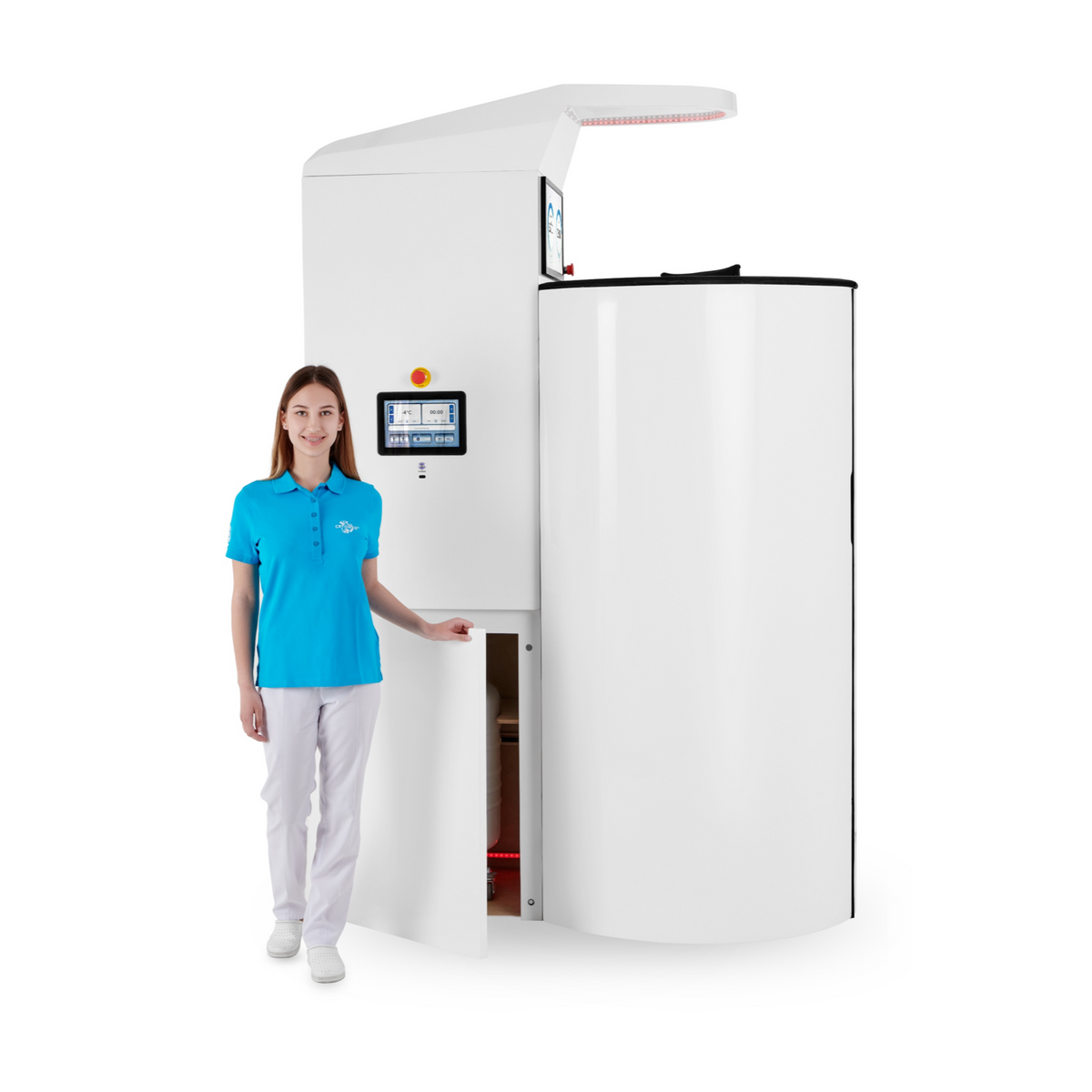 Front view of the Cryomed Pro Ultra Cryosauna with a technician standing next to it.