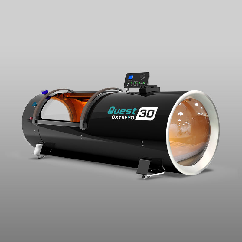 Diagonal view of OxyRevo Quest 30 2.0 ATA Hyperbaric Chamber Black version with open window.