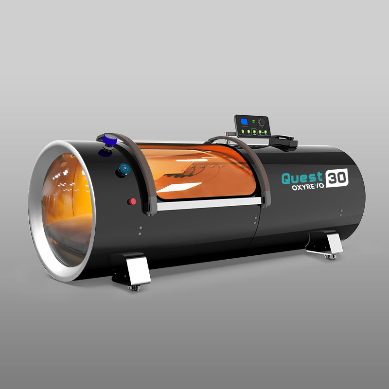 Diagonal view of OxyRevo Quest 30 2.0 ATA Hyperbaric Chamber Black version.