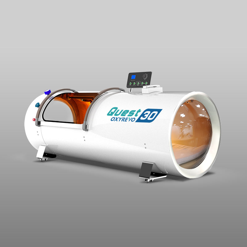 Diagonal view of OxyRevo Quest 30 2.0 ATA Hyperbaric Chamber White version with open window.