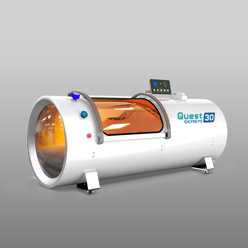 Diagonal view of OxyRevo Quest 30 2.0 ATA Hyperbaric Chamber White version.