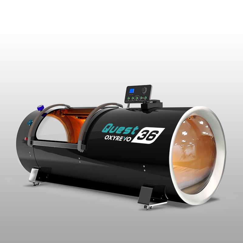 Diagonal view of OxyRevo Quest 36 1.5 ATA Hyperbaric Chamber Black version with open window.