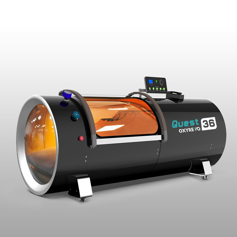 Diagonal view of OxyRevo Quest 36 1.5 ATA Hyperbaric Chamber Black version.