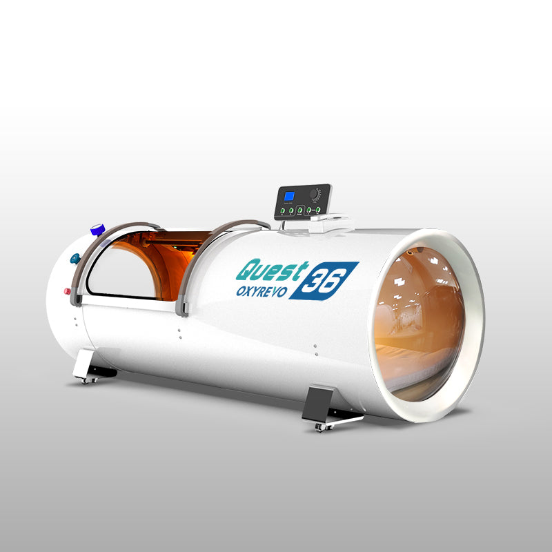 Diagonal view of OxyRevo Quest 36 2.0 ATA Hyperbaric Chamber White version.