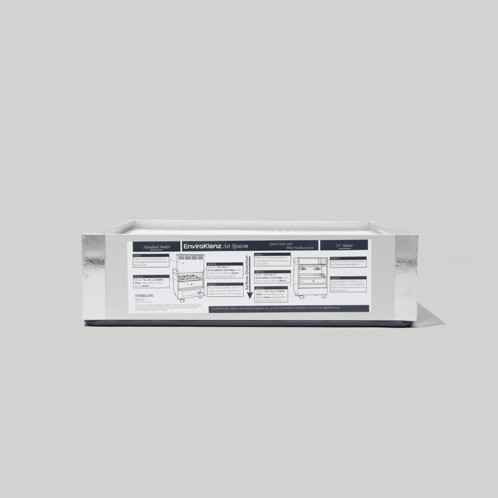 Horizontal view of EnviroKlenz Replacement HEPA Filter for air purifiers showcasing the filter&#39;s thickness and quality build.